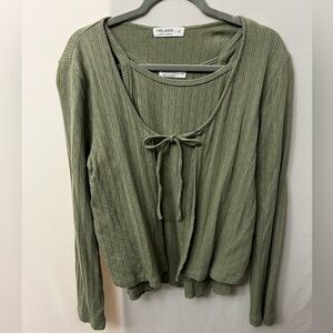 LA Relaxed Sage Green Ribbed Long Sleeve Top and Tank with Tie Front XL NWOT